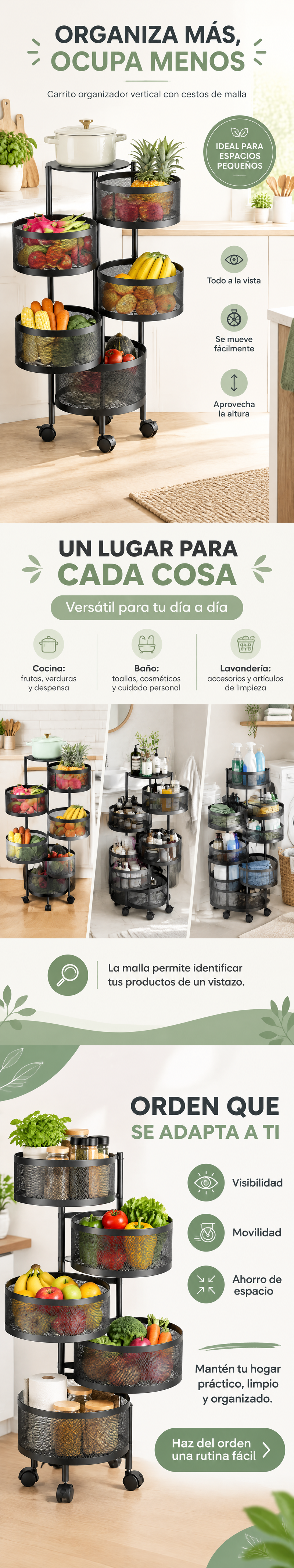 Infografía del producto: organiza más ocupa menos, versátil para cocina, baño y lavandería, con malla que permite identificar tus productos de un vistazo