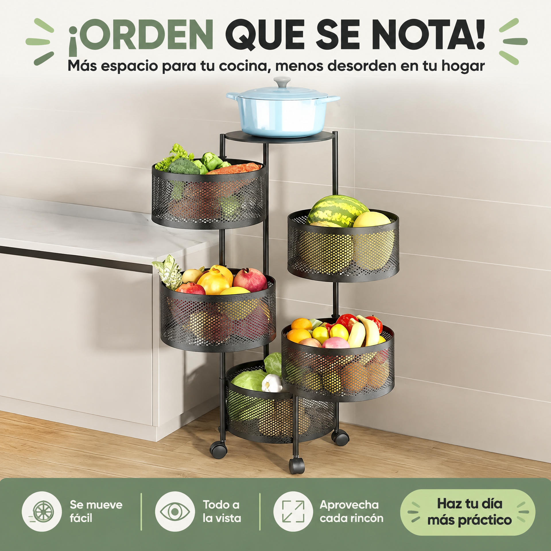 Carrito organizador ORDENA en una esquina de cocina, ideal para espacios pequeños
